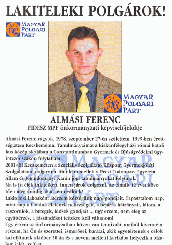 Almsi Ferenc (Fidesz) kpvisel-jellt szrlapjnak ellapja